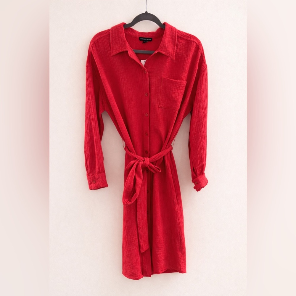 NWT Saks Red Gauze Button-Front Shirt Dress with Waist Tie